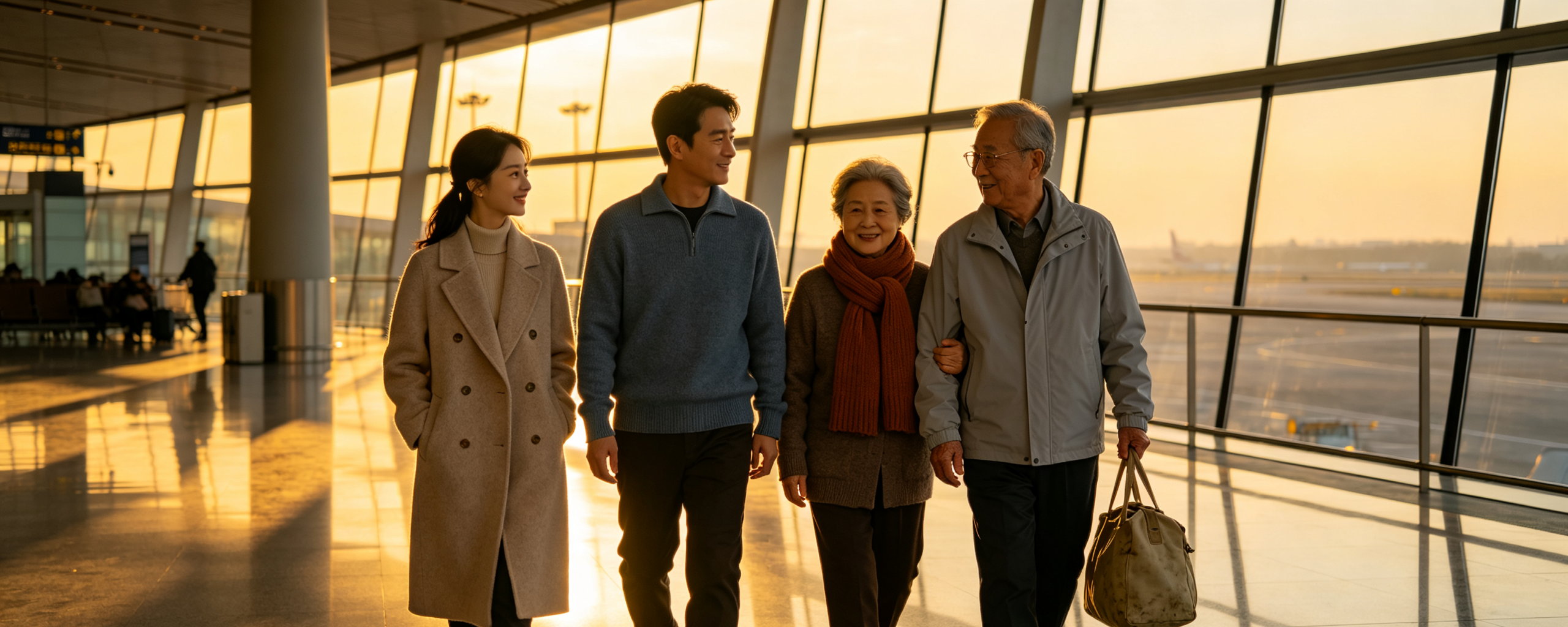 黄昏机场到达口，女儿与丈夫搀着父母缓步同行